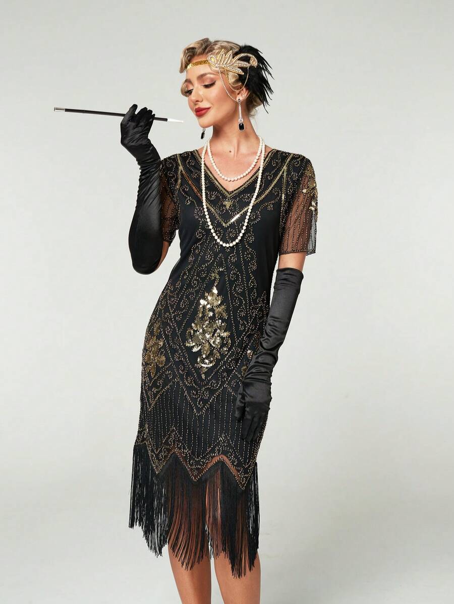Đầm cocktail đính cườm kiểu Gatsby thập niên 1920 dành cho nữ, kiểu dáng thanh lịch, có tua rua, thích hợp cho kỳ nghỉ hè. - Đen và vàng - Xem 1