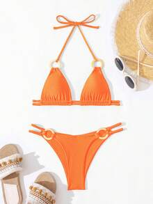 Women's 2 Piece Bikini Set, Halter Neck Ring Linked Tie Up Bikini Tops + Low Waist Bikini Shorts Bathing Suit Swimwear Outfits - Yellow - View 5