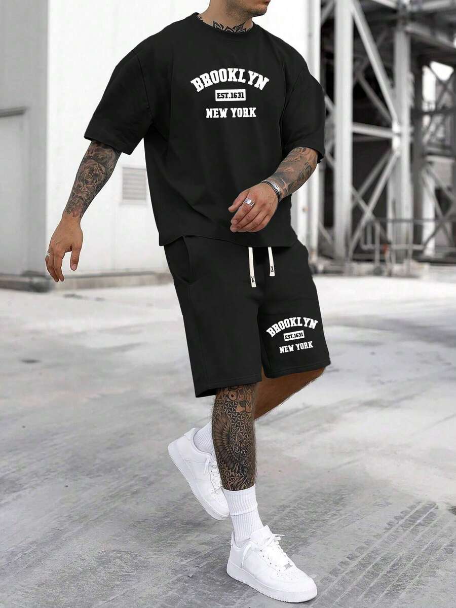 2pcs/Set Men's Summer Casual Letter Graphic Print Short Sleeve T-Shirt And Drawstring Waist Shorts Outfit, Regular Fit, Suitable For Gifts To Husband Or Boyfriend, Golf, Fishing, Basketball, Camping, Gym, Swimming, Beach