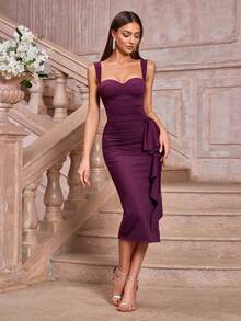 CurvySweet Classic Elegant Fitted Midi Dress With Ruffle Hem, Boned Bodice, Suitable For Business, Social Events, Wedding Party Dress Spring - Burgundy - View 9
