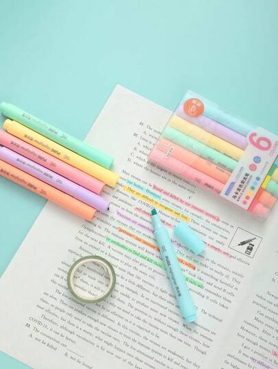Bộ 6 bút dạ quang màu Macaron - Thiết kế đầu bút vát giúp tránh lem mực, chất liệu nhựa, thích hợp cho văn phòng, học tập và làm quà tặng.