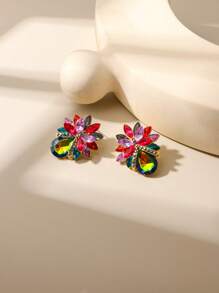 1pc Luxury Rhinestone Inlaid Colorful Flower Earrings, Fashionable Jewelry For Spring/Summer, Suitable For Parties, Weddings, Mother's Day Gifts