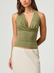 Women Y2k Floral Halter Tops Vinatge Back Tie Up Cowl Neck Slim Fit Crop Tank Tops Sexy Backless Sleeveless Cami Vest Summer Going Out Tops Shirts Party Club Streetwear - Green - View 3