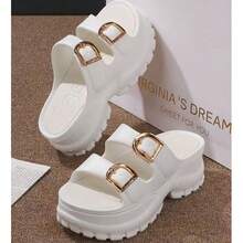 6cm Platform Double Buckle Sandals For Women, Soft Sole Slip-On Outdoor Slippers, Inspo Style Anti-Slip House Slippers - White - View 5