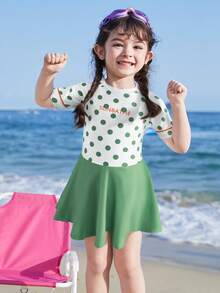 Balabala Girls' One-Piece Swimsuit, UV Protection, Stretchy & Printed - White Green Tone - View 1