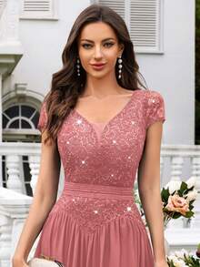 MIUSOL Contrast Sequin Lace Deep V-Neck Cap Sleeve Ruched Hem Evening Party Long Dress, Formal, Gown, For Wedding Guest - Dusty Pink - View 8