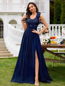 MIUSOL Sequin Floral Lace Sweetheart Neck Sleeveless Ruffle Chiffon Slit Maxi Formal Party Dress, Formal Evening Gown, Suitable For Wedding Guest, Graduation Ceremony, Gala And Other Occasions - Navy Blue - View 5