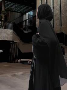 1pc Arabic Thobe With Crystal Stripe And Headscarf, Modest Robe, Abaya - Black - View 4