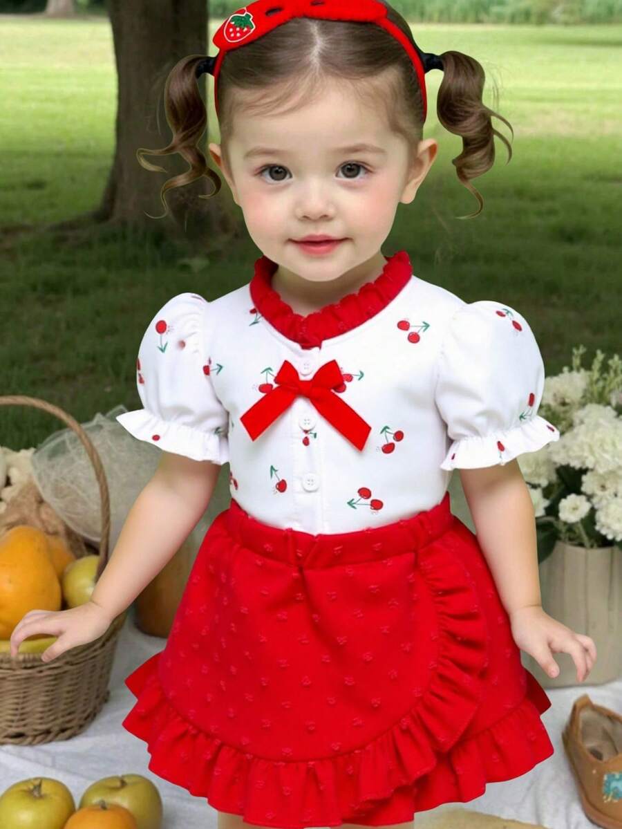 Bộ 2 món áo sơ mi in nơ trang trí hình quả anh đào cho bé gái và chân váy viền bèo nhún - Đỏ - Xem 1