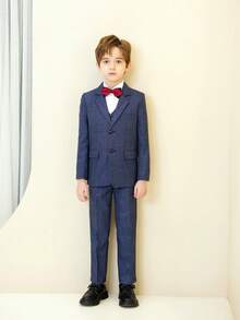 Boys Grid Suits 3-Pieces Suit Set Toddler Tuxedos Dresswear Ring Bearer Outfit Wedding Blazer Vest Pants Formal Suits For Kids Dark Blue Size 6-16Y - Dark Wash - View 4