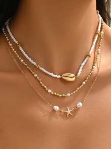 Set de 3 collares largos multienlace con cuentas de vidrio bohemias, conchas metálicas y colgante de estrella de mar, adecuados para usar en vacaciones en la playa por mujeres