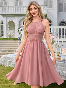 雪纺简约性感披肩修身鸡尾酒会礼服，适合婚礼、伴娘礼服 - 珊瑚粉 - 查看 5