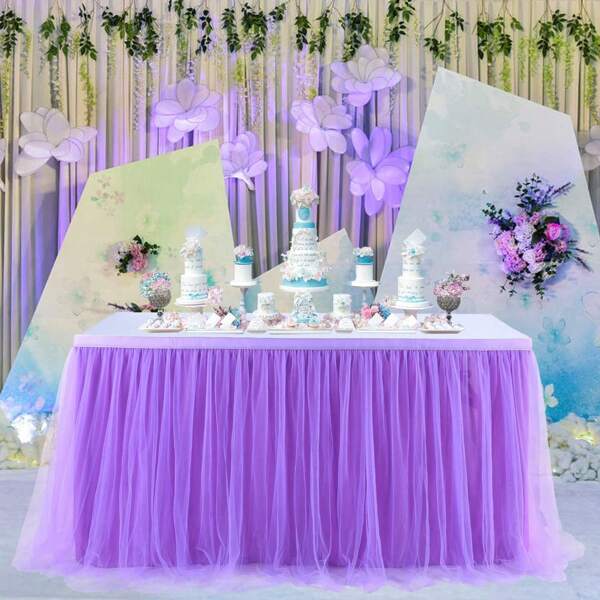 1pc Purple Tulle Gold Trim Reusable Table Skirt, Decorative For Weddings, Birthdays, Parties