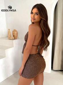 性感裹身系带无袖上衣迷你裙两件套2025夏季女式时尚度假派对针织裙套装