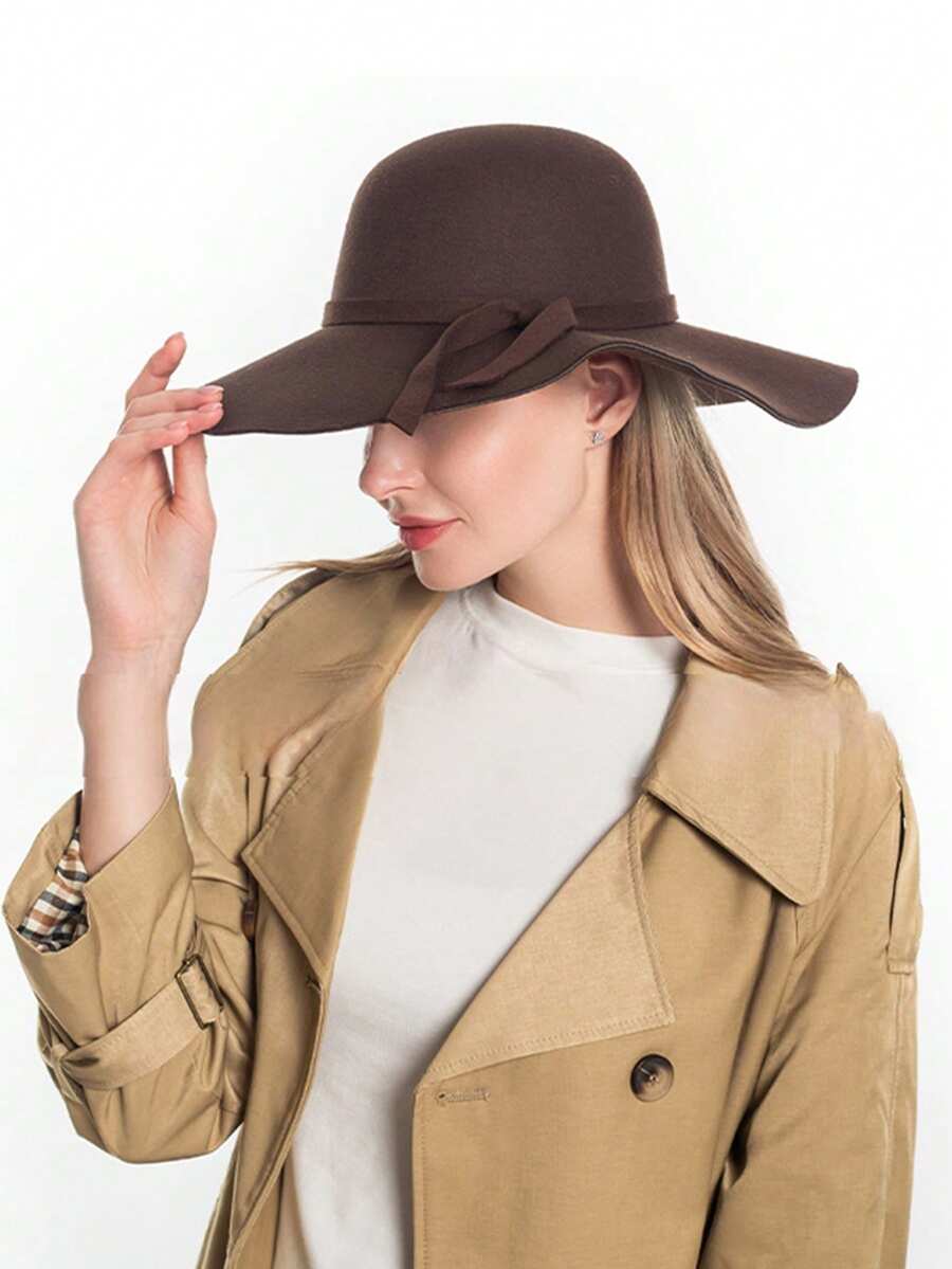 1pc Women Solid Color Casual Bohemian Retro Palace Vintage Style Party Street Pure Felt Hat, English Retro Felt Hat Suitable For Daily Outings And Shopping - MM1543-1 - View 1