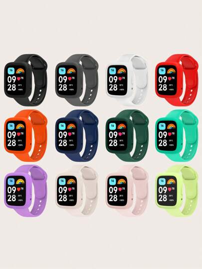 Set de 2 piezas: Correa de reloj inteligente de silicona de estilo casual de unicolor con cierre de liberación rápida + Funda protectora de silicona compatible con Redmi Watch 3 Active