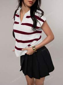 VOOR SCHOONHEID Lente en zomer Nieuwe stijl Revers Retro Gestreepte Kleurblok Mouwloze Gebreide Trui voor Vrouwen, Zakelijke Casual Losse Casual Pullover Top Voor Woon-werkverkeer Zomer Tops Terug naar school