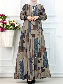 Vestido holgado de manga larga con cuello redondo y estampado geométrico para mujeres, estilo árabe