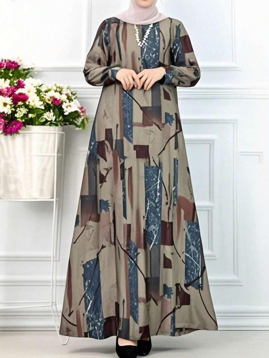 Vestido holgado de manga larga con cuello redondo y estampado geométrico para mujeres, estilo árabe