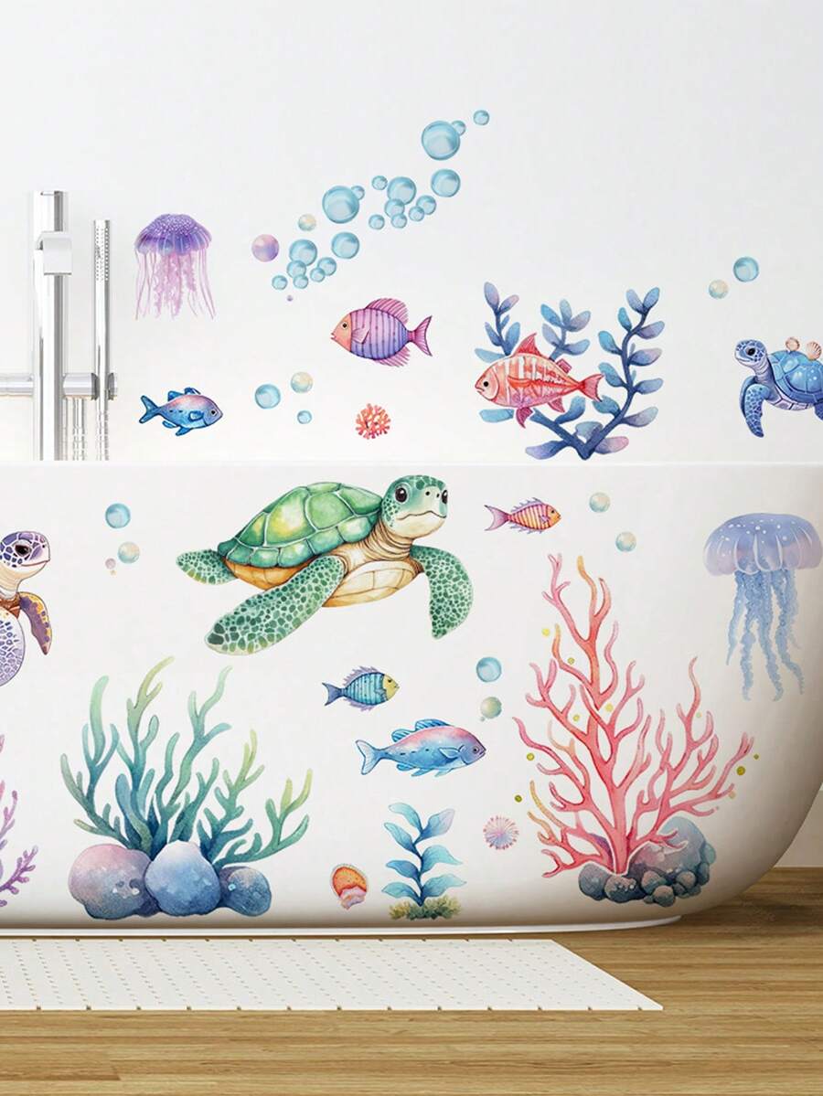 1pc Jellyfish, Fish, Shell, Removable Vinyl Waterproof Sticker, Marine Elements, With Turtle, Bathroom Toilet Decoration Stickers, Toilet Cover Stickers, Bathroom Decoration Removable Stickers, Self-Adhesive Decals, Home Accessories, Vinyl Home Decoration Decals, Spring Decoration, Make Your Home Look Brand New, Holiday Decoration Stickers, Birthday Graduation Gifts Wall Decor Bedroom Decor Room Decoration Stuff Living Room Decor House Decor Home Decor Living Room Wall Art Wall Paper - Multicolor - View 1