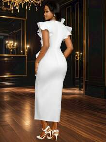 Vestido elegante de dama de honor para boda, fiesta o graduación, de longitud hasta el tobillo, con mangas cortas, volantes y detalles de flores 3D en color blanco