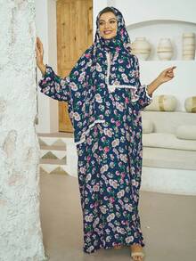 1 件印花头巾连体衣 Abaya，具有吸湿、透气、防静电功能，正面拉链，宽松剪裁，简洁方便，适合女性日常穿着、祈祷和外出。情人节女士面纱 - 彩色 - 查看 9