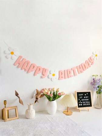 1 set Bannière rose Joyeux anniversaire avec motif marguerite et tournesol, décoration murale en non-tissé pour la maison, la chambre, la fête d'anniversaire