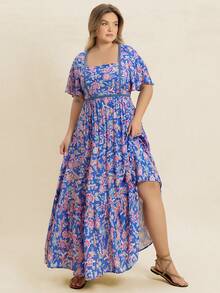 Váy nữ mùa hè họa tiết hoa xanh cổ vuông, phong cách Bohemian phù hợp cho trang phục đi biển Lễ Phục Sinh, lễ hội âm nhạc Hawaii, kỳ nghỉ nhiệt đới thanh lịch - Màu xanh lam - Xem 6
