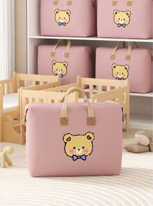 1PC Pink Large Capacity Household Clothing Storage Bag, Tie Bear Cartoon Pattern Bedding Storage Bag, Lightweight And Movable Zipper Handbag, Quilt Storage Bag, Autumn Decoration, Holiday Decoration, Room Decoration, Home Decoration, Autumn Decoration, And Bedroom Decoration