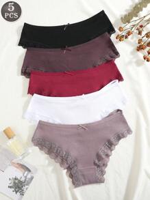 5pcs Women's Lace Patchwork Comfortable Breathable Bowknot Decor Briefs, Ladies Underwear