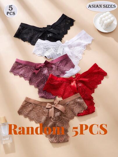 5pcs/Pack Random Women Lace Bow Thong Panties, Valentine's Day Gift, Elegant Sexy Lace Trim Underwear, Comfortable Semi-Sheer Solid Color Briefs, Stretchy Soft Black & Red Triangular Panties, Ladies Lingerie