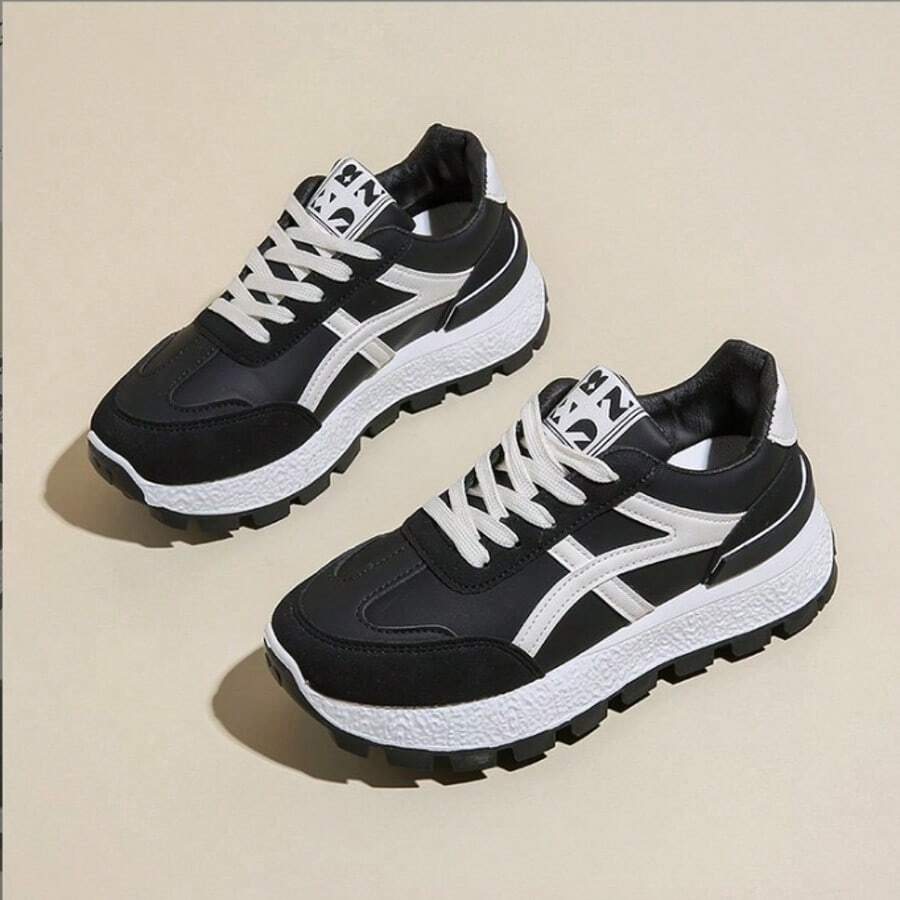 Thick Sole Waffle Platform Casual Sneakers For Women, Retro Leather Elevator Comfort Sporty Chunky Sneakers, Suitable For Spring/Summer - Black - View 1