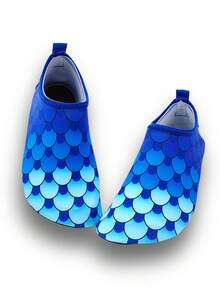 Kids Outdoor Beach Shoes, Boys And Girls Blue Fish Scale Soft Bottom Lightweight Breathable Ocean, Sea, Swimming, Wading Elastic Socks Shoes