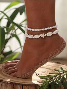 2pcs/Set Bohemian Style Starfish & Seashell Anklets, Suitable For Daily Wear And Vacation, Great As Holiday Gift For Friends - White - View 1