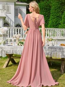 Chiffon Minimalist Sexy Deep V-Neck Ruched Bodycon Party Wedding Dress,Bridesmaid Dress - Coral Pink - View 2