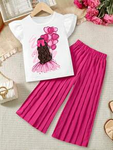 Tween Girls Cartoon Print Shirt & Wide Leg Pants 2pcs Set - White - View 2