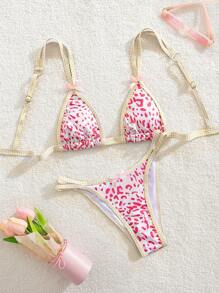 European And American Fashion Multi-Color Printed Push-Up Bikini Set With Halter, Vacation Beach Swimwear