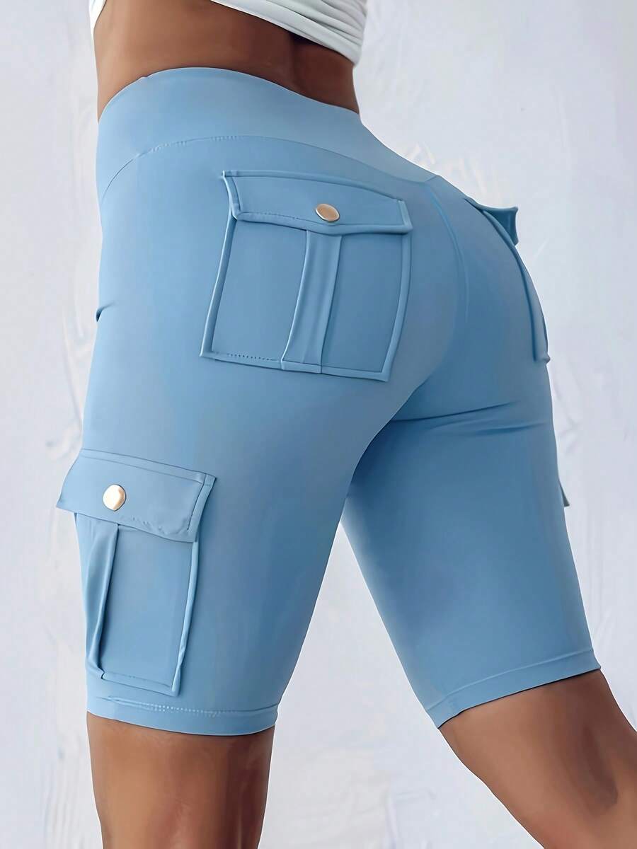 女士加大码纯色口袋设计运动瑜伽短裤夏季 - 藍色 - 查看 1