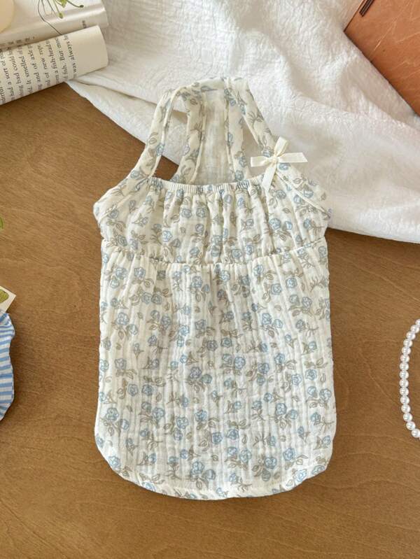 Gauze Breathable Camisole Strap Bow Floral Sleepwear, Pet Clothes For Small Dogs And Cats, Spring/Summer Homewear