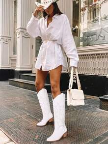 Western Style Embroidered Retro Knight Boots Pointed Toe Embroidered Thick Heel Mid-Calf Fashion Shoes Outdoor Spring/Autumn Footwear Cowboy Boots For Women