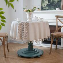 1 件优雅的欧洲田园风格圆形桌布，带叶子刺绣和流苏 - 米色涤纶，非常适合家居装饰、野餐、露营、婚礼、生日派对、节日用餐和小圆桌装饰、感恩节桌布 - 秋葉咖 - 查看 8