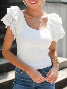 Acelitt Summer White Minimalist Ruffle Sleeve Fitted Top Casual - White - View 4