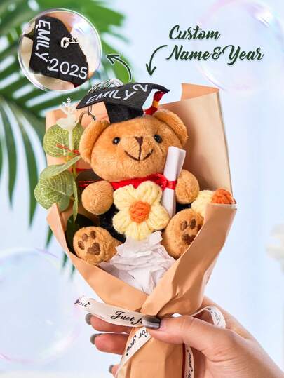 1pc Custom Text Graduation Bouquet Keychain, Personaiized Graduation Bear 2025 Graduation Gifts, Gifts For Graduates Graduation Gifts Grad Keepsake Crochet Graduation Bouquet Crochet Doctor Bear With Flowers, Graduation Gift Idea For Her, Him Best Friend Gift, Graduation Bear Gift With Bag.