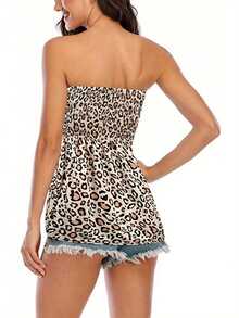Women Tube Tops Solid Floral Leopard Print Sleeveless Tank Tops - 卡其色 - 查看 2