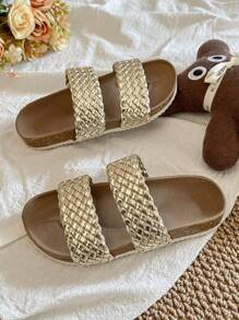 1 par de chanclas de verano promoción color marrón tierra, resistentes al desgaste, de moda y sencillas, con suela blanca gruesa, para niñas de 3 a 12 años, adecuadas para uso interior y exterior, con diseño trenzado de doble hebilla dorada