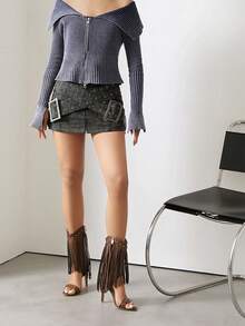 波西米亚风性感高跟侧拉链铆钉流苏短靴女式夏季复古 V 型剪裁细趾环凉鞋 - 棕色 - 查看 2