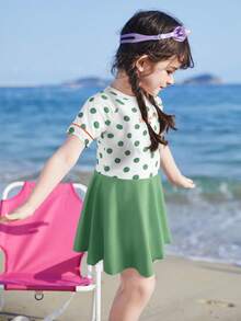 Balabala Girls' One-Piece Swimsuit, UV Protection, Stretchy & Printed - White Green Tone - View 2