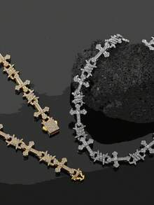 男士时尚 13 毫米水晶项链，奢华合金钻石装饰吊坠，男女通用嘻哈珠宝，派对礼物 - 十字款 - 查看 14