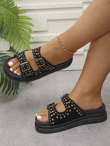 Sandales femmes grande taille à large embout 2025, nouvelle mode - Noir - Voir 3