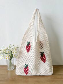 Lightweight,Casual Cute Cartoon Strawberry Pattern Crochet Bag Hollow Out Detail Vacation Style For Teen Girls Women College Students Perfect For College,Outdoors,Travel,Outings,School Bag,Large Capacity,Portable,For Teen Girls Women College Students,White-Collar Workers,Perfect For Work,Back To School,Middle School,High School,College,Vacation, & Cute Strawberry Purse, Perfectly Matching With Crochet Set